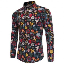 CARTOON FLORALS PRINT COTTON LINEN SHIRT (BLACK)