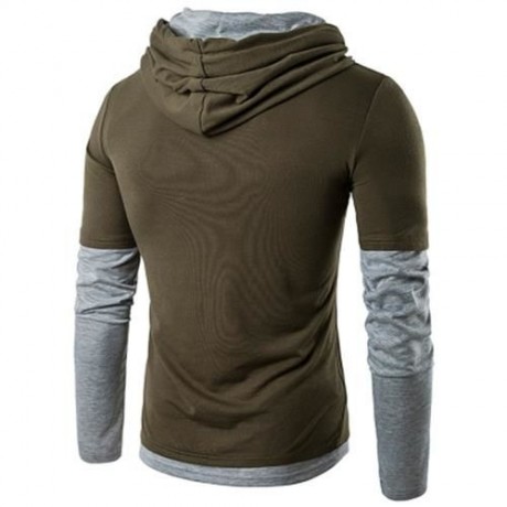 PANEL FAUX TWINSET HOODED DRAWSTRING T-SHIRT (ARMY GREEN)