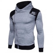 HOODED PU LEATHER PANEL COLOR BLOCK ZIP UP HOODIE (LIGHT GRAY)