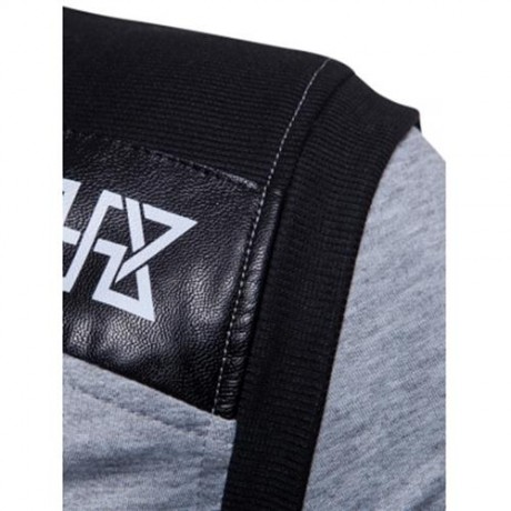 HOODED PU LEATHER PANEL COLOR BLOCK ZIP UP HOODIE (LIGHT GRAY)