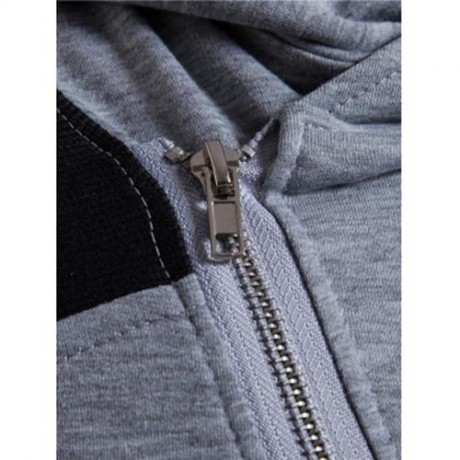 HOODED PU LEATHER PANEL COLOR BLOCK ZIP UP HOODIE (LIGHT GRAY)