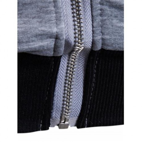 HOODED PU LEATHER PANEL COLOR BLOCK ZIP UP HOODIE (LIGHT GRAY)
