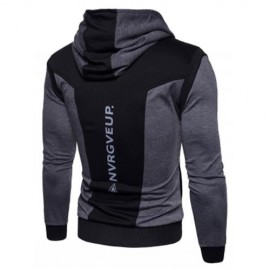 HOODED PU LEATHER PANEL COLOR BLOCK ZIP UP HOODIE (DEEP GRAY)