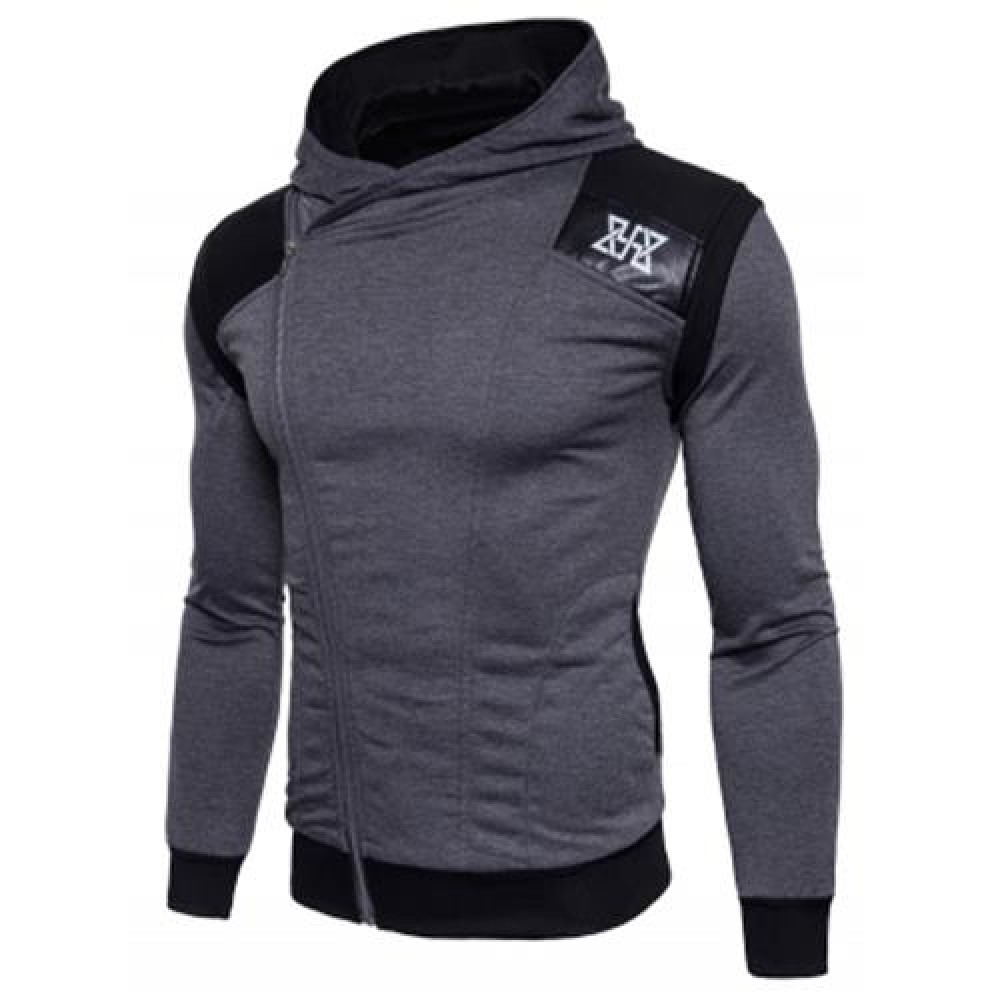 HOODED PU LEATHER PANEL COLOR BLOCK ZIP UP HOODIE (DEEP GRAY)
