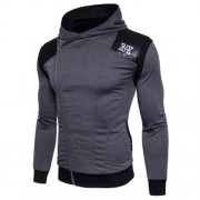 HOODED PU LEATHER PANEL COLOR BLOCK ZIP UP HOODIE (DEEP GRAY)