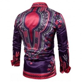 TURNDOWN COLLAR TRIBAL PRINT COLOR BLOCK SHIRT (PURPLE)
