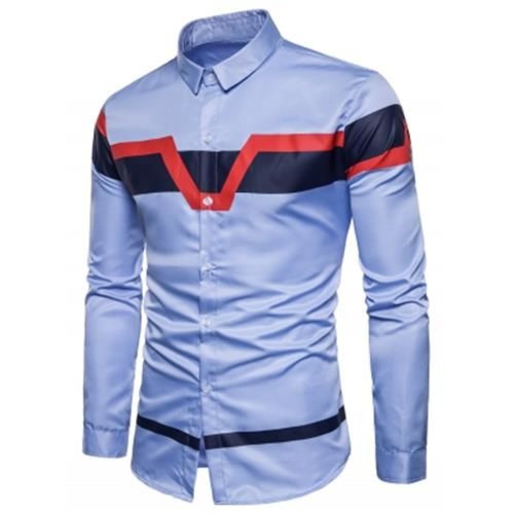 TURNDOWN COLLAR COLOR BLOCK PANEL PRINT SHIRT (AZURE)