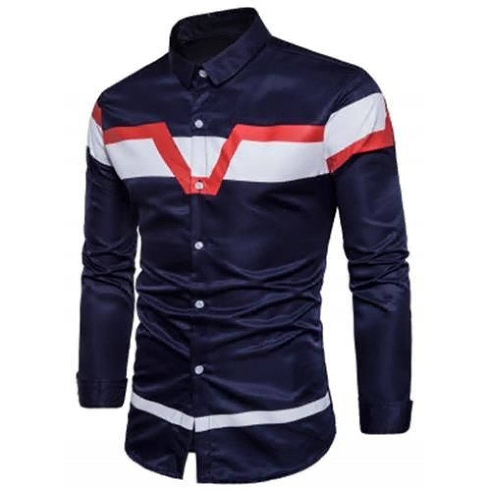 TURNDOWN COLLAR COLOR BLOCK PANEL PRINT SHIRT (CADETBLUE)