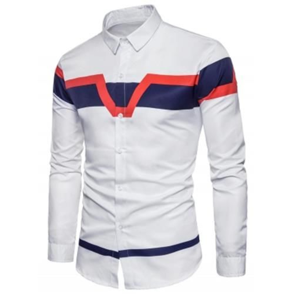 TURNDOWN COLLAR COLOR BLOCK PANEL PRINT SHIRT (WHITE)