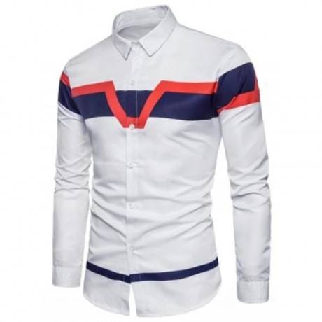 TURNDOWN COLLAR COLOR BLOCK PANEL PRINT SHIRT (WHITE)