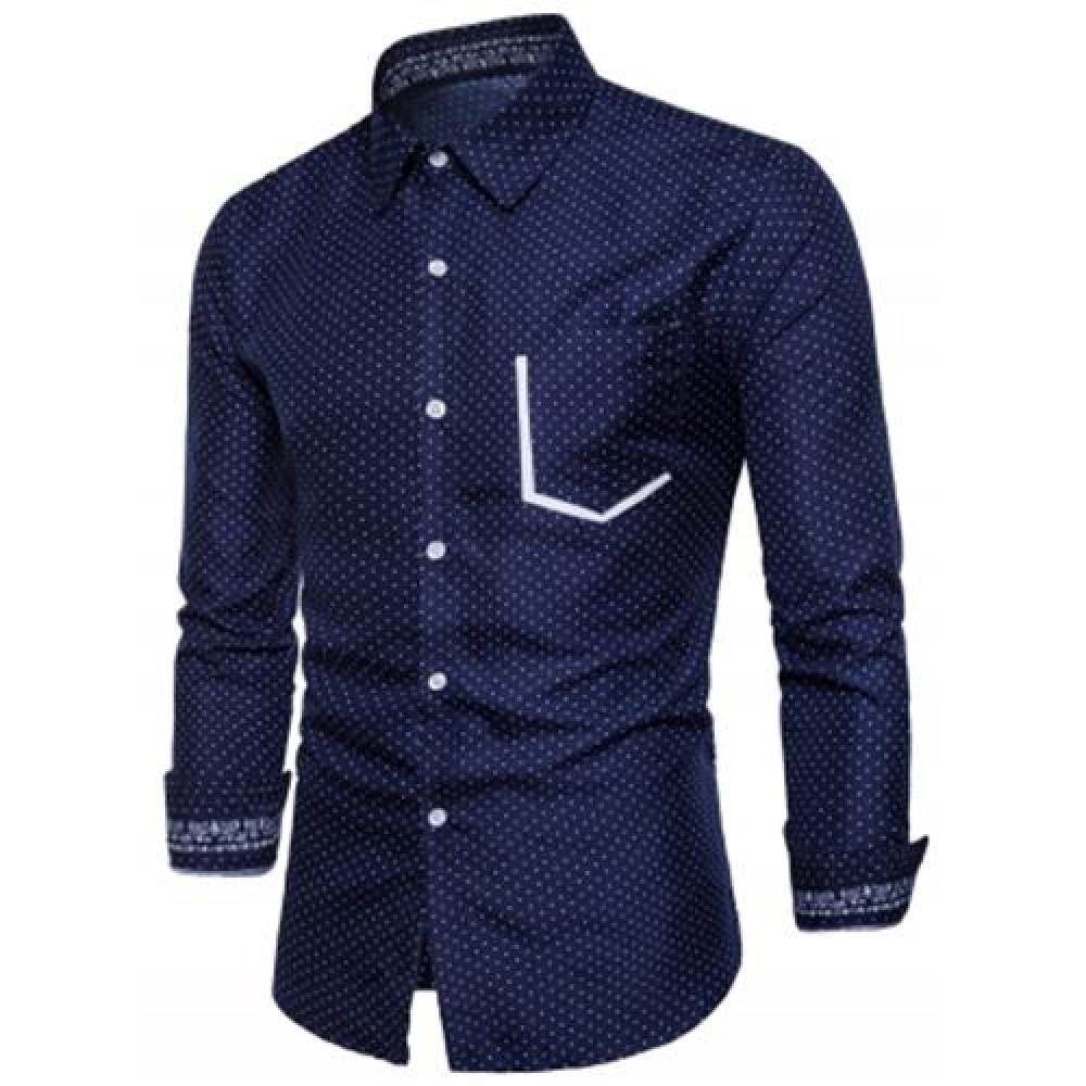 TURNDOWN COLLAR DOT PRINT COLOR BLOCK POCKET SHIRT (CADETBLUE)