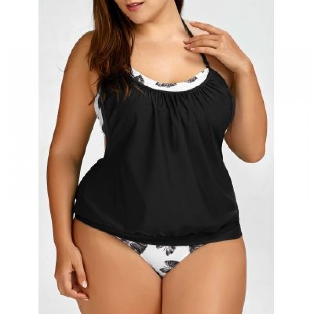 Tropical Plus Size Halter Tankini Swimsuits (BLACK)