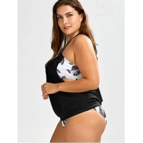Tropical Plus Size Halter Tankini Swimsuits (BLACK)