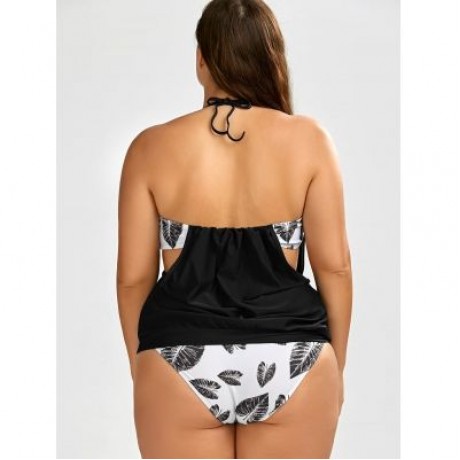 Tropical Plus Size Halter Tankini Swimsuits (BLACK)