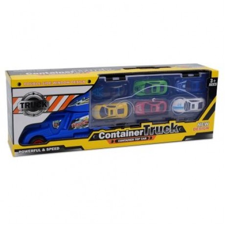 Portable Large Container Truck Kids Alloy Trailer with 6 Cars (BLUE)