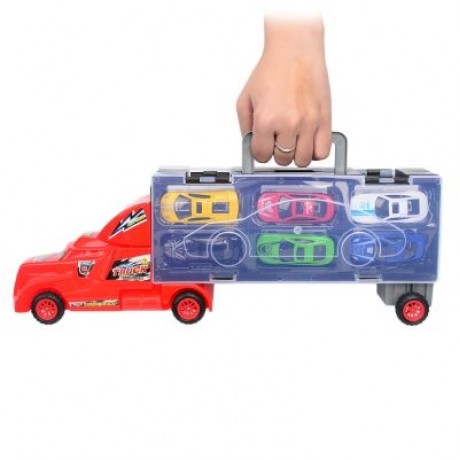Portable Large Container Truck Kids Alloy Trailer with 6 Cars (RED)