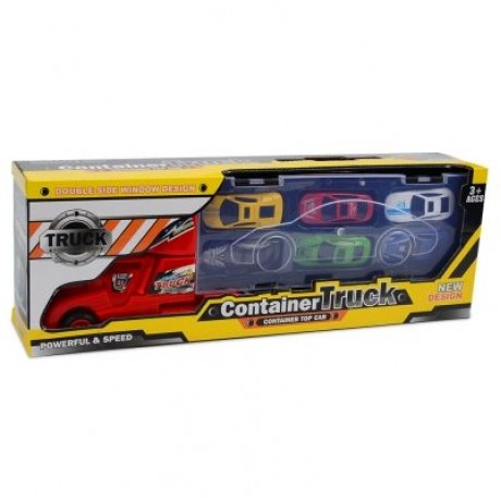 Portable Large Container Truck Kids Alloy Trailer with 6 Cars (RED)
