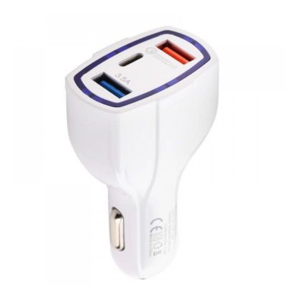 SpedCrd  QC3.0 3 Port USB Type-C Quick Car Charger (WHITE)
