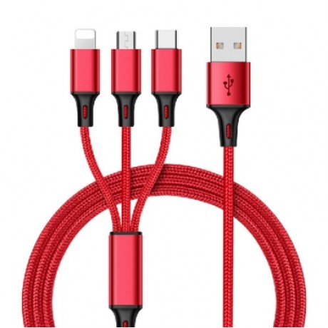 3 in 1 Mobile Phone Nylon Charge Cable High Speed Charge Line USB to Micro USB Lightning T
