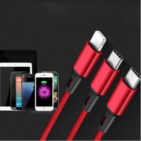 3 in 1 Mobile Phone Nylon Charge Cable High Speed Charge Line USB to Micro USB Lightning T