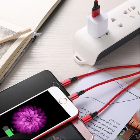 3 in 1 Mobile Phone Nylon Charge Cable High Speed Charge Line USB to Micro USB Lightning T