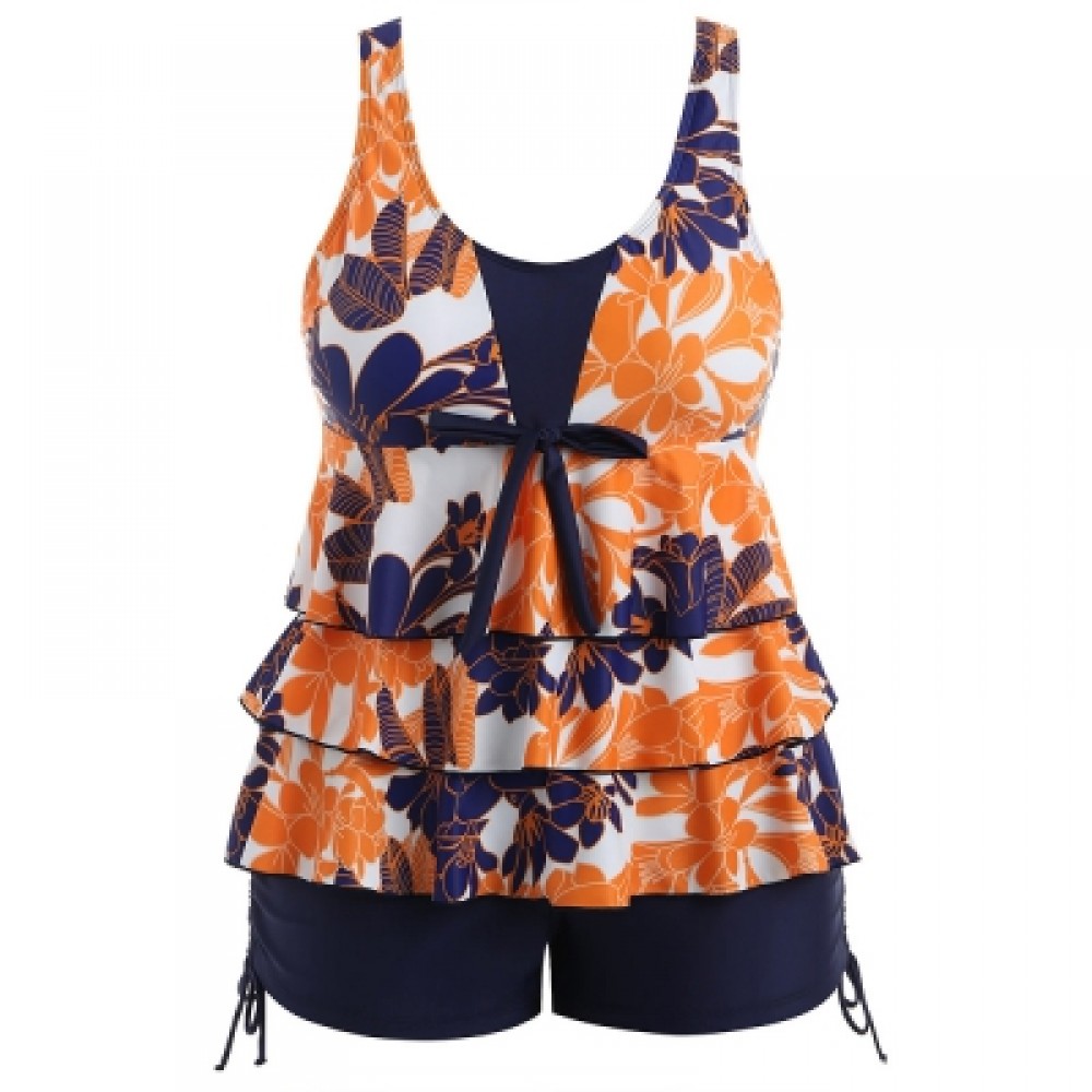 PLUS SIZE FLORAL BOWKNOT EMBELLISHED TANKINI SET (NAVY BLUE)