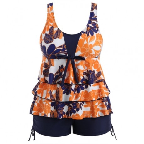 PLUS SIZE FLORAL BOWKNOT EMBELLISHED TANKINI SET (NAVY BLUE)