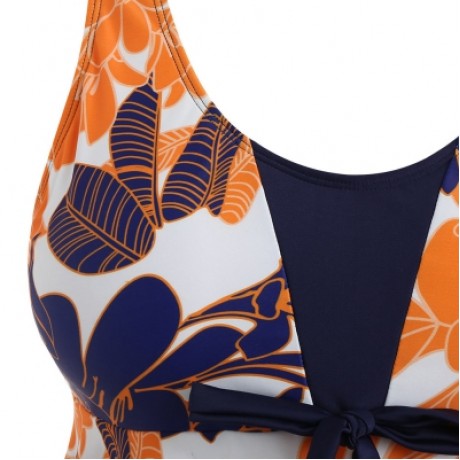 PLUS SIZE FLORAL BOWKNOT EMBELLISHED TANKINI SET (NAVY BLUE)