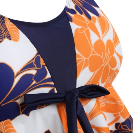PLUS SIZE FLORAL BOWKNOT EMBELLISHED TANKINI SET (NAVY BLUE)