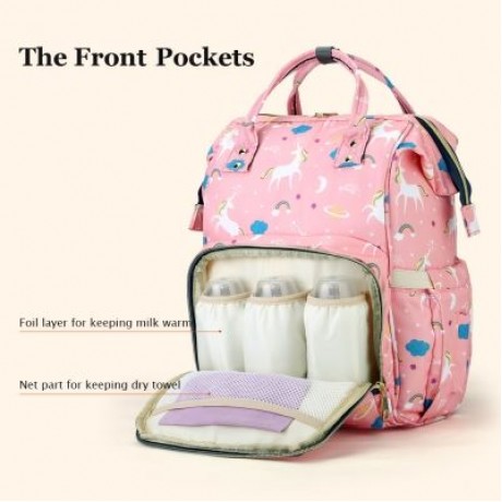 Diaper Bag Water-resistant Unicorn Pattern Separate Pockets (PINK)