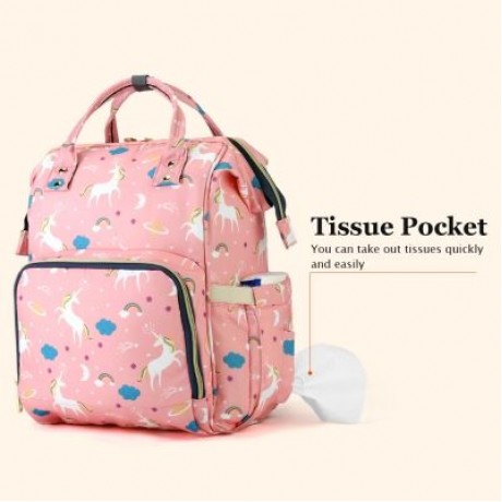 Diaper Bag Water-resistant Unicorn Pattern Separate Pockets (PINK)