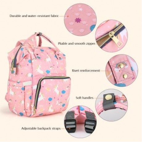 Diaper Bag Water-resistant Unicorn Pattern Separate Pockets (PINK)