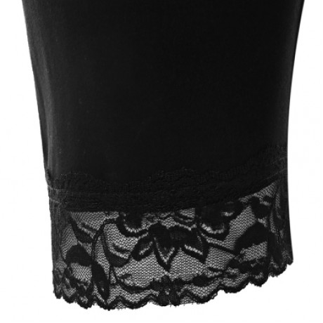 Plus Size Elastic Waist Lace Panel Leggings (BLACK)