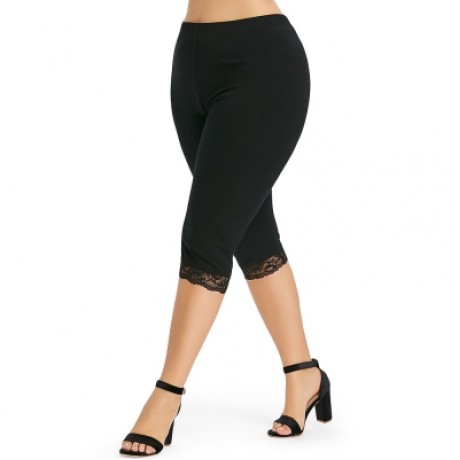 Plus Size Elastic Waist Lace Panel Leggings (BLACK)
