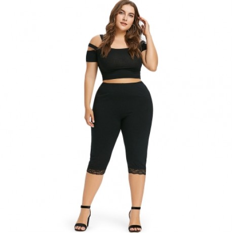 Plus Size Elastic Waist Lace Panel Leggings (BLACK)