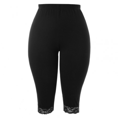 Plus Size Elastic Waist Lace Panel Leggings (BLACK)