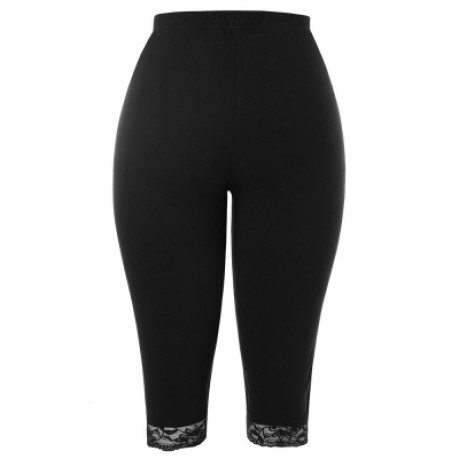 Plus Size Elastic Waist Lace Panel Leggings (BLACK)