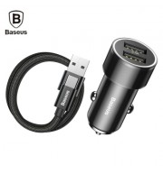Baseus Small Screw Dual USB Car Charger USB to Type-C Cable (BLACK)