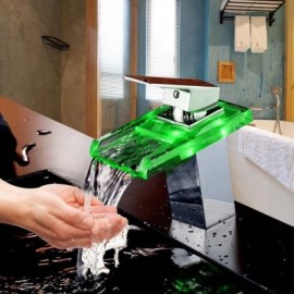 Bathroom LED Waterfall Faucet Glass Spout Sink Mixer Tap (SILVER)