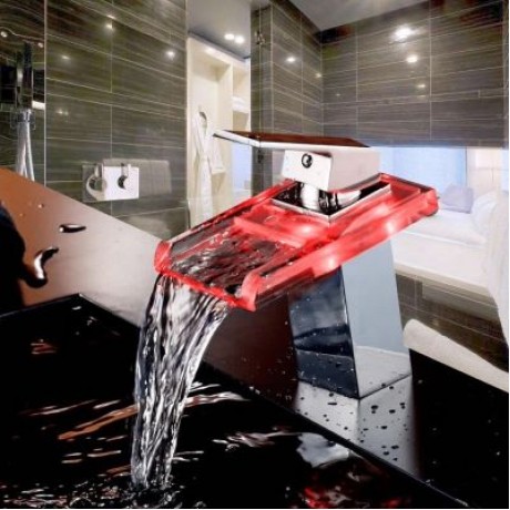 Bathroom LED Waterfall Faucet Glass Spout Sink Mixer Tap (SILVER)