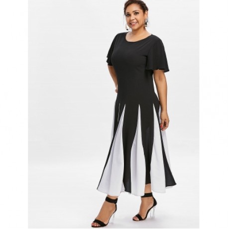 Plus Size Two Tone Butterfly Sleeve Dress (BLACK)