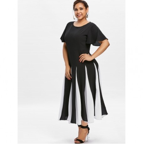 Plus Size Two Tone Butterfly Sleeve Dress (BLACK)