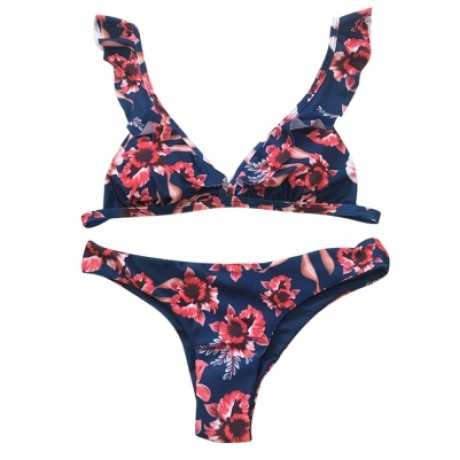 Plunge Neck Flounce Backless Padded Floral Print Low Waist Women Bikini Set (MIDNIGHT BLUE