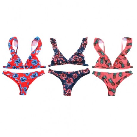 Plunge Neck Flounce Backless Padded Floral Print Low Waist Women Bikini Set (MIDNIGHT BLUE