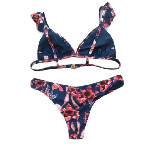 Plunge Neck Flounce Backless Padded Floral Print Low Waist Women Bikini Set (MIDNIGHT BLUE