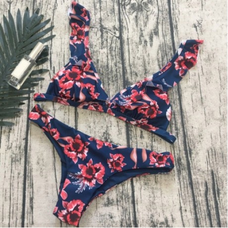 Plunge Neck Flounce Backless Padded Floral Print Low Waist Women Bikini Set (MIDNIGHT BLUE