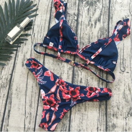 Plunge Neck Flounce Backless Padded Floral Print Low Waist Women Bikini Set (MIDNIGHT BLUE