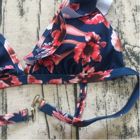 Plunge Neck Flounce Backless Padded Floral Print Low Waist Women Bikini Set (MIDNIGHT BLUE