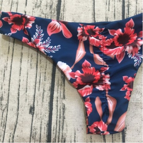 Plunge Neck Flounce Backless Padded Floral Print Low Waist Women Bikini Set (MIDNIGHT BLUE