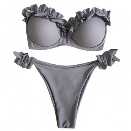 Sexy Strapless Padded Underwire Ruffle Solid Color Low Waist Women Bikini Set (LIGHT SLATE